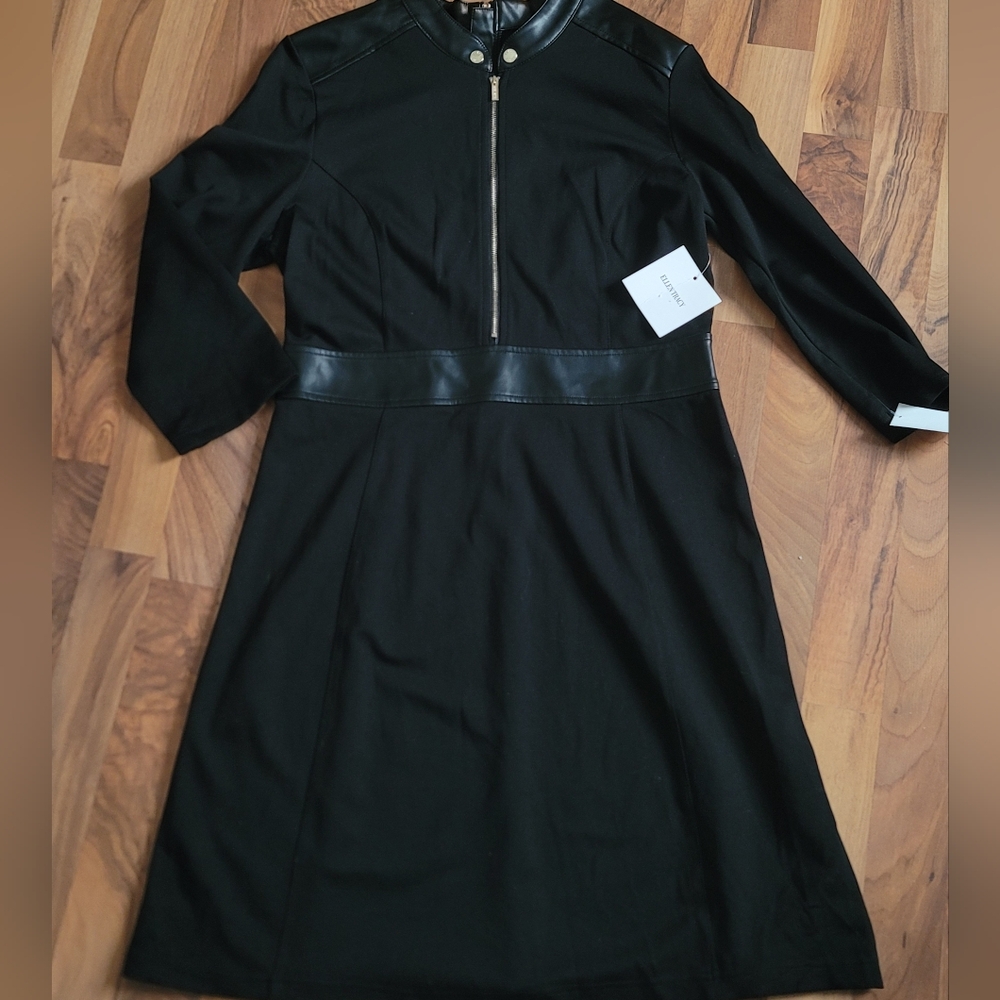 NWT Ellen Tracy Size L Black Faux Leather Trim Zip Dress Career Cocktail